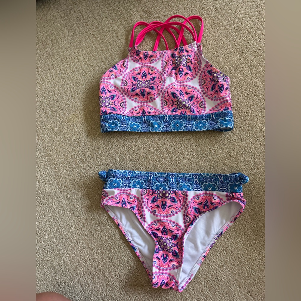 Nicole Miller Girls Pink and Blue Paisley Two-Piece Swimsuit